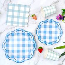 Blue Checkered Petal Shaped Disposable Plate, Napkin, Cup Set, Plates, Napkins And Cups Party Supplies, Serves 8 Guests, Disposable Paper Plates Party Tableware Suitable For Birthday, Wedding, Theme Party, Family Picnic - Multicolor - View 4