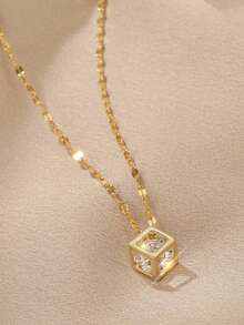 1 pièce Collier en acier inoxydable pour femmes de mode coréenne, sexy, avec cristal de zirconium carré creux à l'intérieur, chaîne claviculaire - Doré - Voir 7