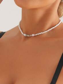 1Pc Silver Color Minimalist Bohemian Vintage Style Necklace Dainty Pearl And 3D Star Charm Combo Adjustable Choker For Daily Wear Travel Holiday Parties Gift