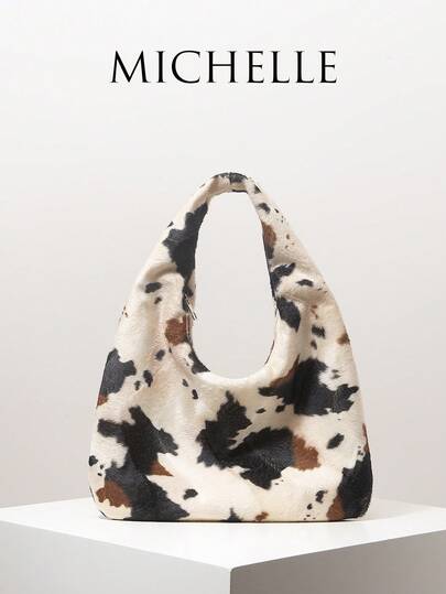 Women's Handbag, Cow Print, Shoulder Bag, Retro Style, Plush Wallet, Women's Work Bag, Women's Gift, Elegant, Suitable For Daily Use, Shopping, Commuting, Outing, Multi-Functional (Pattern Random)