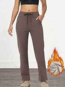 3 Pieces Of Women's Casual Solid Color Drawstring Waist Sports Pants, Women's Solid Color Thermal Insulation Pants, Sports Yoga Pants, Casual Sports Pants, Outdoor Sports Pants, Wide Leg High Waist Side Pocket Casual Pants, Autumn And Winter Daily Casual Graduation And School Clothes, Female Teacher Clothes - 咖啡棕 - 查看 5