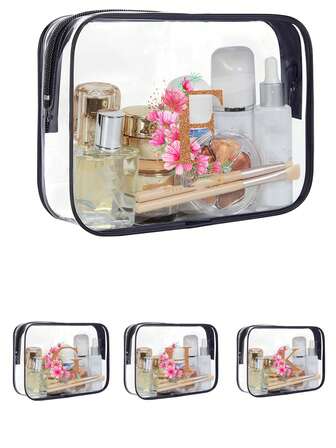 1 pieza Bolsa de almacenamiento minimalista de moda, 26 letras decorativas DIY, bolsa organizadora de cosméticos transparente con pegatinas florales, bolsa de viaje impermeable, regalo creativo para novia/esposa, recuerdo de boda, adecuado para viajes de negocios, vacaciones, baño, organización, bolsa transparente minimalista unisex, set de bolsa de aseo/maquillaje con cremallera transparente de EVA, organizador de viaje. Aplicable para mochila escolar, artículos de viaje esenciales, vacaciones en la playa. Bolsa de cosméticos transparente impermeable de 1 cuarto, portátil, estilo bohemio