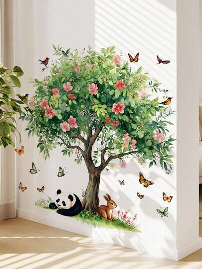 1片/2片/3片装 - 墙贴 - [绿色植物，粉色动物树] PVC自粘可移除墙贴，适用于托儿所、儿童房、游戏室或教室 - 可爱创意墙面装饰，适用于任何空间