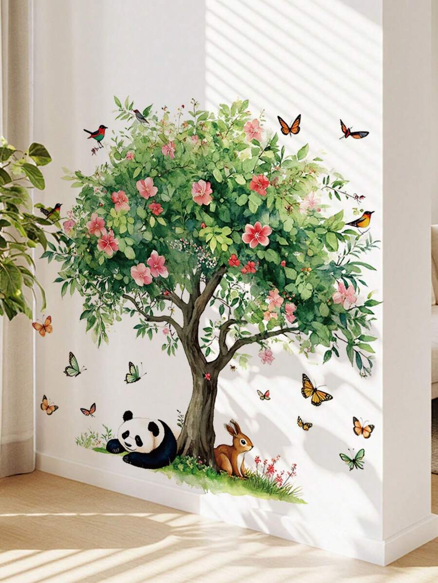 1片/2片/3片装 - 墙贴 - [绿色植物，粉色动物树] PVC自粘可移除墙贴，适用于托儿所、儿童房、游戏室或教室 - 可爱创意墙面装饰，适用于任何空间