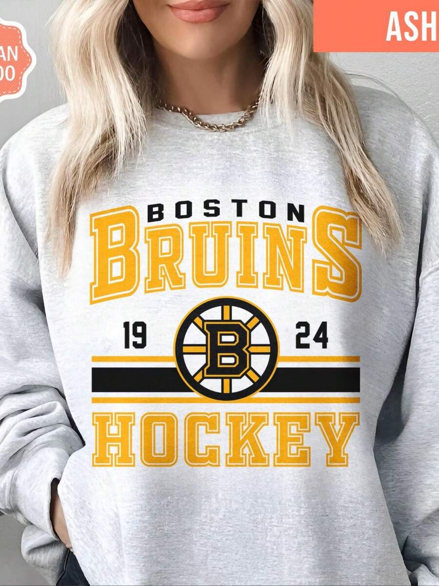 Boston Hockey Sweatshirt, Vintage Style Boston Hockey Crewneck, Retro Boston Hockey Sweatshirt, Retro Boston Bruins Sweater , Hockey Fan9 (2) - 灰色 - 查看 1