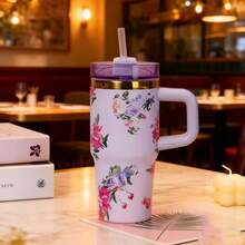 14oz Stainless Steel Tumbler With Straw & Handle, Leak-Proof Flip Lid, Car Cup Holder Friendly - Aesthetic Floral Design Tumbler For Women, Ideal For Travel & Gym - 淡紫色 - 查看 2
