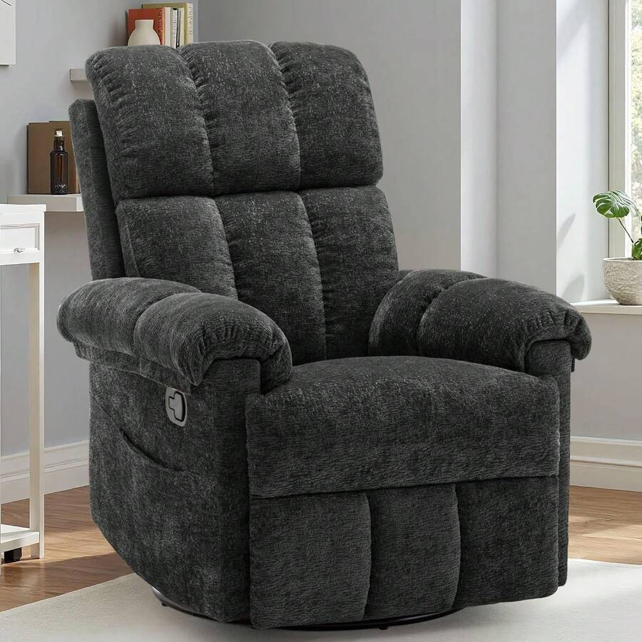 Recliner Chair, Swivel Rocker Recliner Chair For Adults, Small Recliners For Small Spaces, Upholstered Manual Recliner With Side Pockets,  Rocking Chair For Living Room, Chenille, Beige - Black - View 1