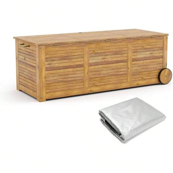 182L Outdoor Storage Box On Wheels, Rolling Patio Wooden Deck Box, Acacia Wood Storage Chest/ 2 Wheels, Side Handle, Waterproof Cover, Cushions, Pillows, Blankets, Toys