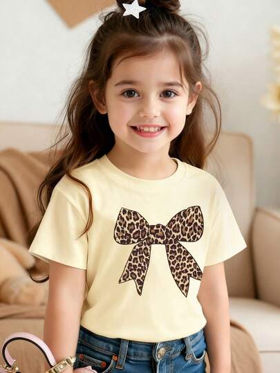 Young Girl Leopard Print Bow Graphic Round Neck Short Sleeve Casual Versatile T-Shirt
