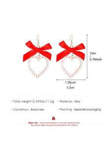 2 piezas Pendientes con lazo elegante y corazón de perla artificial, joyería de moda, adecuado para fiesta, boda, cena y uso diario - Pendientes lazo corazón - Ver 9