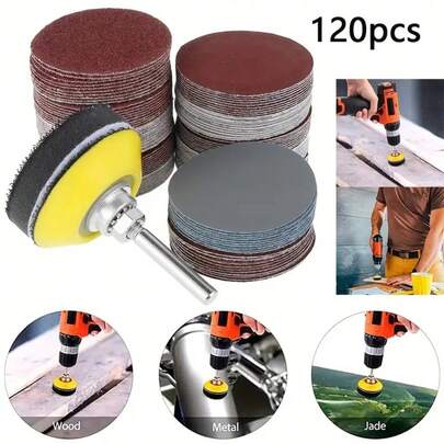 120pcs 50mm Aluminum Oxide Sanding Discs - 60-Grit Multi-Surface Abrasive Pads For Wood, Metal, Glass, Car - Compatible With Orbital Sanders, Durable & Versatile Sanding Sheets