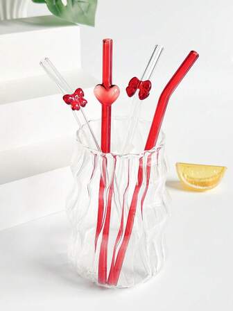 1/2 st/set rött glas sugrör med fjärils-/hjärthänge, för dryckesmuggar, festdekorationer, kök, kalla drycker, mjölk, te, kaffe, juice, glass, kök, restaurang, cocktailparty, skolstart, presenter till flickvännen, föräldrar, vänner, högtidstillbehör, thanksgiving, alla hjärtans dag, eid