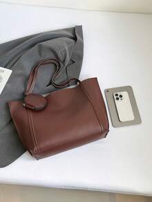 大容量纯色简约手提包，适合购物、装钱包，适合年轻女性、大学生、新手、白领人士。是办公室、大学、工作、商务、通勤、户外活动、旅行和野餐的理想之选。 - 咖啡棕 - 查看 6