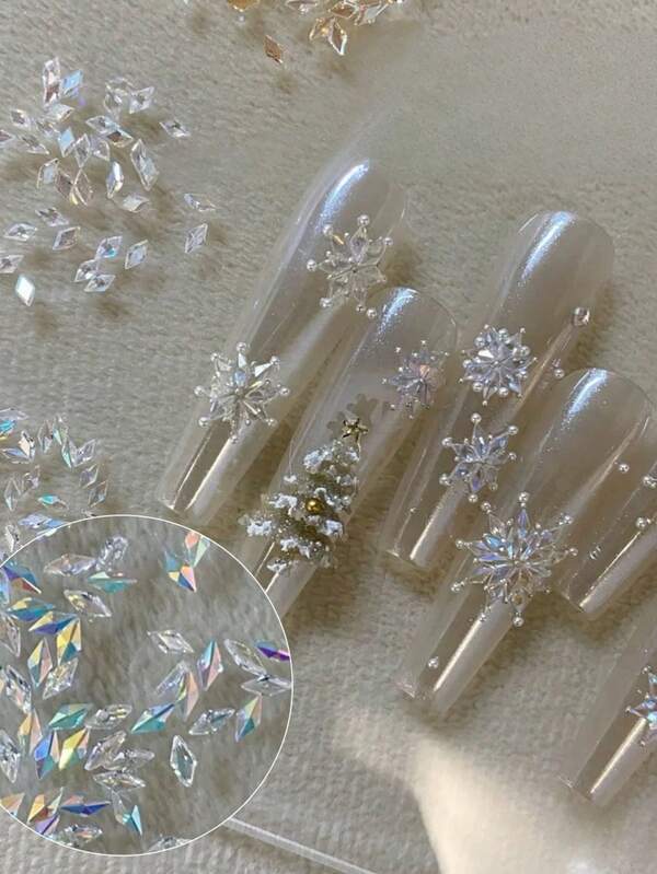 10pcs New Snowflake Rhinestone 5A Clear Bottom Zirconia Nail Gems Mini Flat Champagne Rhombus DIY Materials Nail Salon Supplies, Free DIY, Exquisite