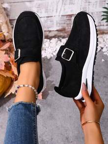 1 par de zapatos de cuña con plataforma y hebilla de tela con estampado de leopardo, adecuados para uso casual, al aire libre, fiesta, boda, moda, vacaciones y universidad, aptos para todo tipo de ocasiones - Negro - Ver 2
