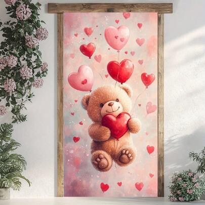 Cửa phẳng 2D 1 cái Khung cửa hình trái tim ngày lễ tình nhân - Trang trí bằng polyester màu đỏ và trắng với hình gấu bông đáng yêu và bóng bay hình trái tim trên nền màu pastel lãng mạn. Hoàn hảo để sử dụng trong nhà và ngoài trời mà không cần điện. Trang trí ngày lễ đa năng cho ngày lễ tình nhân.