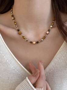 1pc/Set Vintage Elegant Multi-Layer Tiger Eye Stone Pendant Necklace, Women's Double-Layer Clavicle Chain Jewelry Set, Women's Daily Party Accessory, Fashion Jewelry, Best Friend Gift (Beads Arrangement Is Random)