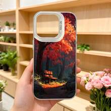 Funda para telefono con diseño de otoño rojo y banco en bosque funda negra con estampado de arboles y hojas caidas ideal para amantes de la naturaleza y estaciones del año Aplicable a los teléfonos de la serie Apple y Galaxy - Negro - Ver 5