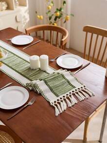Nordic-Bohemian Striped Table Runner: Hand-Woven Tassels For Dining Tables, Round Coffee Tables & Rustic Home Decor,Perfect For Wedding Receptions, Outdoor Parties & Valentine's Decor,Rectangular Design ForHome & Restaurant Decor, KitchenDining Table Centerpiece, DecorativeDining Accessory, Rustic Decor Item, Intricate Weaving, Durable Fabric