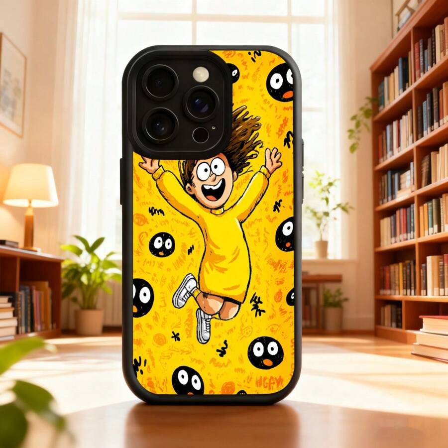 Cubierta de teléfono con diseño de dibujos animados amarilla con personaje saltando y ojos negros para uso diario en interioresAplicable a teléfonos Apple y Galaxy. - Blanco - Ver 1