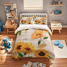 3pcs Sunflower Themed Duvet Cover Set, Soft & Breathable Fabric, Machine Washable, Suitable For All Seasons (1 Duvet Cover + 2 Pillow Shams, No Insert), Ideal For Bedroom And Guest Room Bedding Decor - Yellow - View 4
