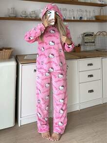 Sanrio Hello Kitty 女士加厚抓绒连帽卫衣+舒适家居裤套装，2件装，蓬松保暖冬装 - 粉色 - 查看 3