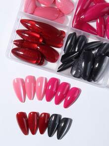 96pcs/Box(4mixed)Y2K Aesthetic Blood-Red Crystal Cat Eye Press On Nails Almond Nail Perfect Fit Acrylic False Nails ,With Storage Box Contain 1pc Jelly Glue And 1pc Nail File,Red Cat Eye Nails For Woman & Girl Daily Wear Rave Party Use