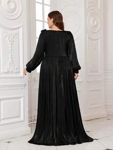 UNITHORSE Đầm dạ hội dài tay phồng cổ chữ V màu trơn họa tiết hoa 3D dành cho nữ cỡ lớn, thích hợp làm đầm phù dâu, đầm tốt nghiệp, đầm dự tiệc cưới. - màu đen - Xem 2