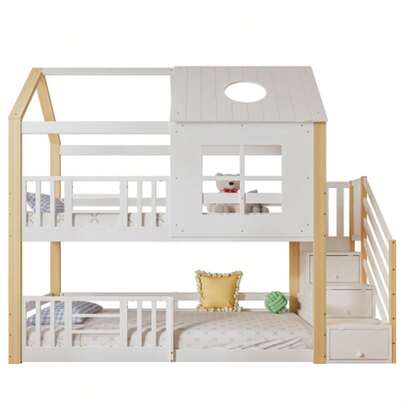 [32455235WAA] Bunk Bed With Storage Stairs, House Bed, Children's Bed, With Safety Rail, With Window And Roof, Pine+MDF, White+Natural, 90x200cm