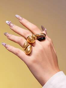 1pc MiDuoDuo Chunky Water Drop Zirconia Geometric Enamel Unisex Open Ring Set, 18K Gold Plated Stainless Steel Fashion Creative Personalized Accessory For Women - A656 Wide Teardrop-shaped Open Ring - View 3