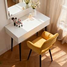 Meubles Cosy Set aus 2 modernen gelben Cord-Schminkstühlen mit Armlehnen – Zusätzliche Hocker mit offener Rückenlehne und Metallbeinen, bequemer Stoffsitz für Schlafzimmer oder Ankleidezimmer - Gelb - Übersicht 2