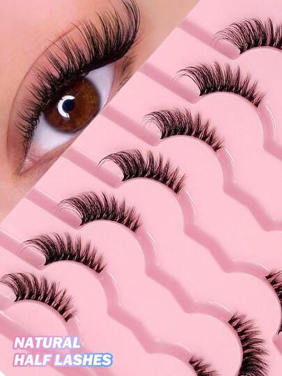  Asiteo 7对半条假睫毛，自然猫眼加长假睫毛，纤细仿貂毛条状假睫毛，适合日常妆容