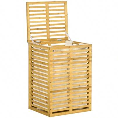 HOMCOM Bamboo Laundry Basket With 63L Laundry Collector, Lid, Removable Laundry Bag, Rod, Laundry Baskets, Laundry Box For Laundry Room, Bedroom, Bathroom, Natural Wood