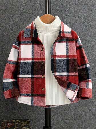 男童休闲格子长袖衬衫领外套 - 经典领型设计，柔软涤纶面料，春秋完美搭配 | 经典格子衬衫 | 挺括领衬衫