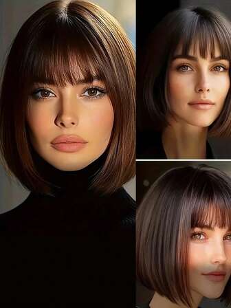 Peluca Bob impresionante para mujeres - Longitud hasta los hombros, cabello sintético liso con flequillo, construcción de gorra transpirable, aspecto natural, fácil de peinar y mantener, perfecta para uso diario (Color del cabello: Negro, Marrón)