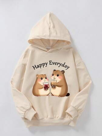 Teen Girl Clothes Street Fashion Two Cute Little Animals Drinking Milk Tea Pattern Print Oversized Loose Long-Sleeved Hoodies Sweatshirt,Interesting Painting Style Patterns,Girl's Solid Color Hooded Sweatshirt, Suitable For Daily Wearut, Party, School, Attending Music Festivals, Vacation, Commuting. Can Be Given As A Gift To Family, Boyfriend,Girlfriend, Friends,Girls Winter Clothes,Essentials Hoodie