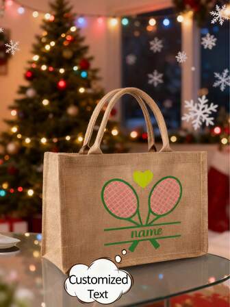 Gepersonaliseerde gepersonaliseerde geschenktas met tennisracketpatroontekst, geschikt voor het dragen van herinneringen in handtassen, grote waterdichte boodschappentassen, modieuze opbergzakken en superlinnen handtassen. Geschikt voor bruiloften, verjaardagen, stranden en feestdagen, het beste cadeau om aan vrienden te geven