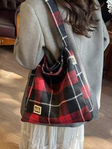 Karierte Woll-Shopper für Frauen, Retro Umhängetasche, Große Kapazität Eimer Tasche, modisch für Herbst/Winter