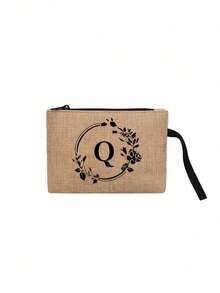 1 pieza Bolsa con cremallera de lino con estampado de letra, patrón de letra floral de moda, monedero, bolsa de cosméticos, regalo para mujeres, maestras, organizador de viaje: perfecto para exteriores y belleza, adecuado para mujeres, madres, amigas, damas de honor, estudiantes, vuelta al colegio, maestras - Caqui - Ver 23