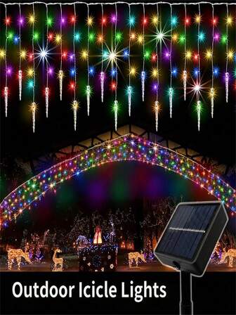 1个太阳能冰锥串灯，圣诞灯，LED冰柱灯，8种灯光模式，节日生日庆祝，节日灯光效果，季节性装饰，装饰串灯，氛围照明，适用于圣诞节、万圣节、户外家居庭院婚礼装饰（300mAh）