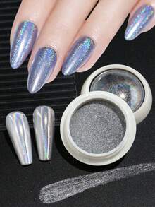 1罐独角兽全息激光美甲粉银色闪粉金属摩擦粉镜面颜料超细闪亮铬粉美甲 - 銀色 - 查看 4