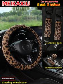 MEIKAXIU Winter Plush Rabbit Fur Coffee, Pink, Gray, White, Purple, Leopard Print Car Accessories Set, Including Steering Wheel Cover, Handbrake Cover, Gear Shift Cover, Armrest Pad, Headrest Cover, Handgrip Cover, Shoulder Pad, Suitable For Women - Leopard Print Plush - View 15