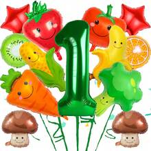 Conjunto de 32" de globos de aluminio con forma de frutas y verduras que incluye diseños de champiñón, zanahoria, brócoli, tomate, fresa, maíz, plátano, con números verdes del 1 al 9, adecuado para decoración de fiesta de cumpleaños, decoración del hogar - Multicolor - Ver 1