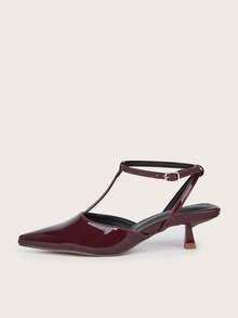 Women's Solid Color Patent Leather Ankle Strap Kitten Heel Shoes, Elegant Pointed Toe High Heel Sandals, Fashion Ankle Strap High Heels, Formal Occasion Wedding Party Shoes - Burgundy - View 2