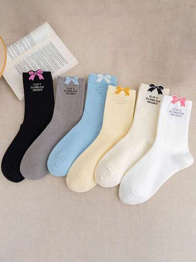 6 Pairs Women's Fashion Cute Bow Solid Color Sheer Mesh Crew Socks