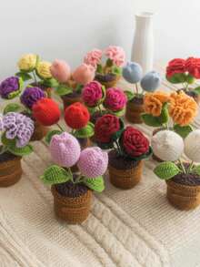 Handmade Crochet Flower Bouquet Desktop Decor, Handwoven Artificial Potted Plant, Creative Crochet Desktop Ornament, Suitable As Mother's Day, Anniversary, Birthday, Valentine's Day Gift, Or Home/Office Desk Decoration For Mom, Friends, Girlfriend - Multicolor - View 2