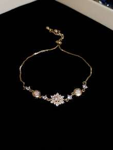 1pc Stainless Steel Elegant Micro-Inlaid Zirconia Flower Retractable Bracelet, Delicate Luxury Design - Snowflake Pull-out Bracelet - View 8