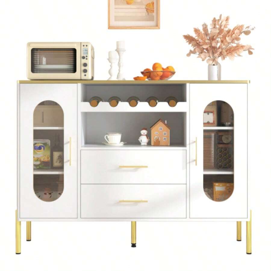 White Sideboard With Glass Fronts And Wine Rack – Sideboard For Dining Room And Living Room – Adjustable Base – Plenty Of Storage And Modern Design - White - View 1
