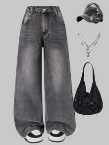 少女直筒弹力腰宽松休闲复古牛仔裤 - 灰色 - 查看 1