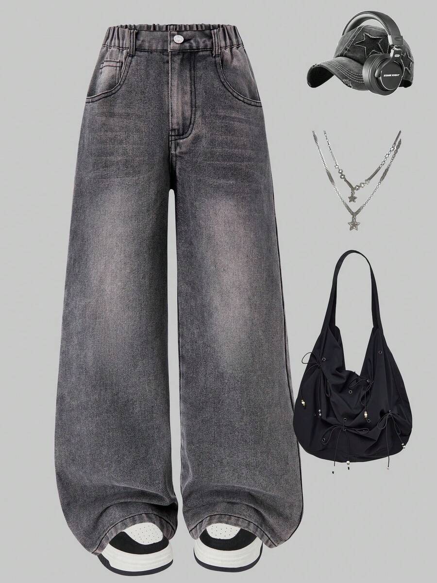 少女直筒弹力腰宽松休闲复古牛仔裤 - 灰色 - 查看 1